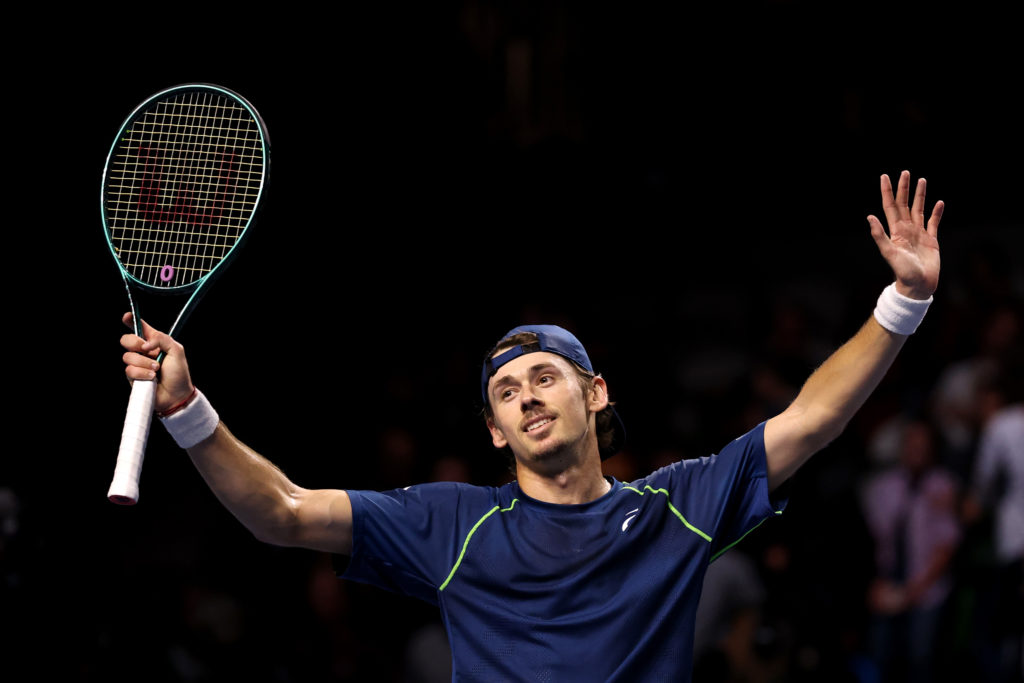 Alex 'The Demon' de Minaur of Australia celebrates winning match point against Holger 'The Viking' Rune of Denmark in the final during the UTS Gran...