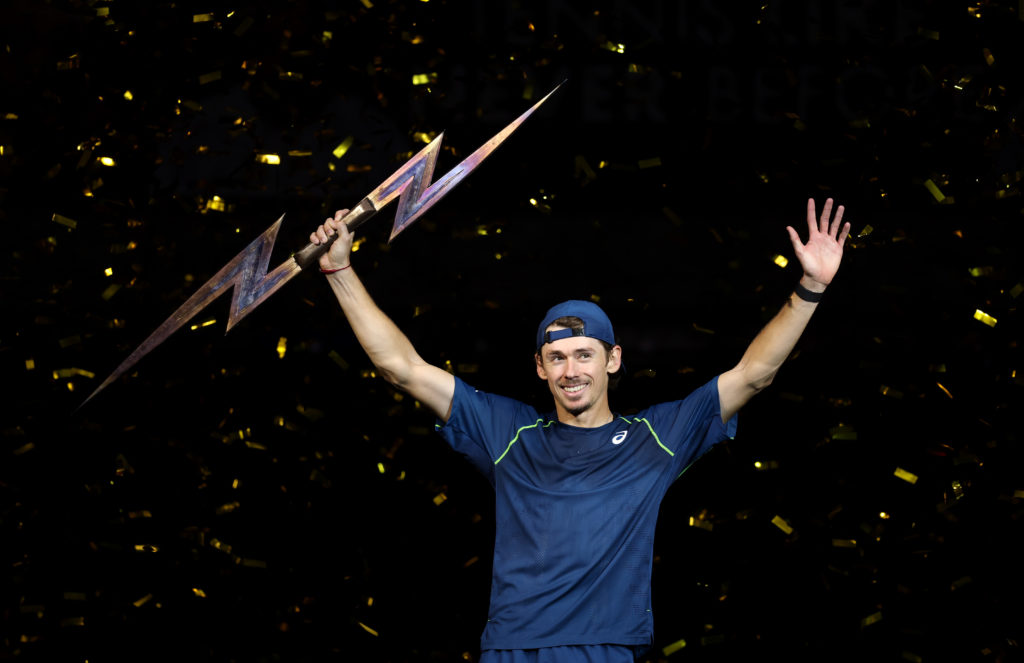 Alex 'The Demon' de Minaur of Australia celebrates with the trophy after his victory against Holger 'The Viking' Rune of Denmark in the final durin...