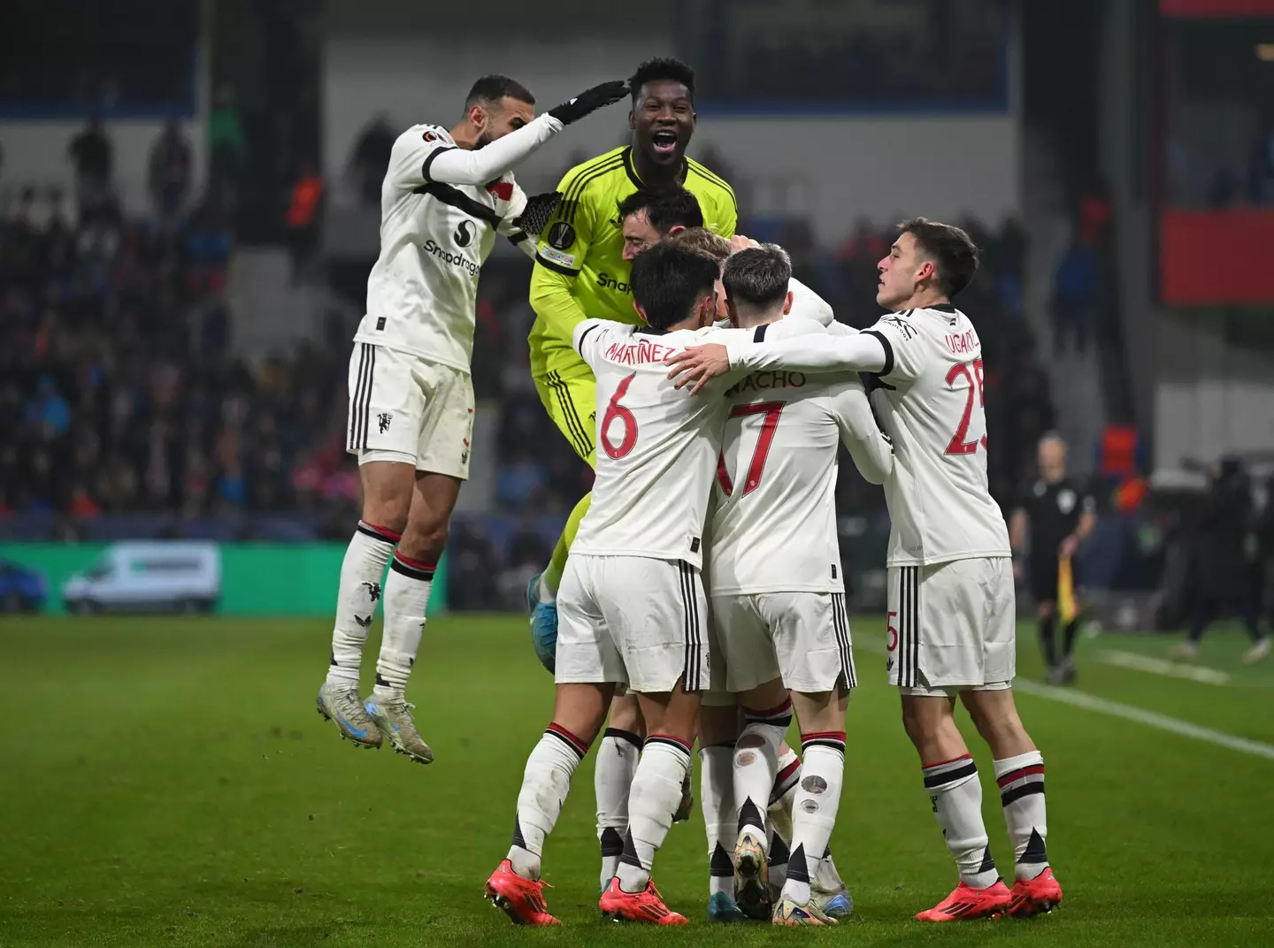 Andre Onana rushed out of his goal to celebrate Manchester United's winner. Image: Getty