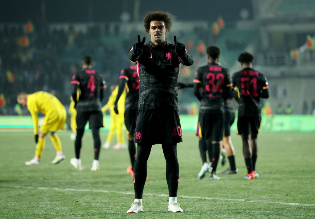 Renato Veiga of Chelsea celebrates scoring his team's third goal during the UEFA Conference League 2024/25 League Phase MD5 match between FC Astana...