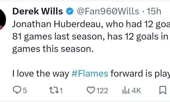 [Derek Wills] "Jonathan Huberdeau, who had 12 goals in 81 games last season, has 12 goals in 33 games this season. I love the way [the] Flames forward is playing."