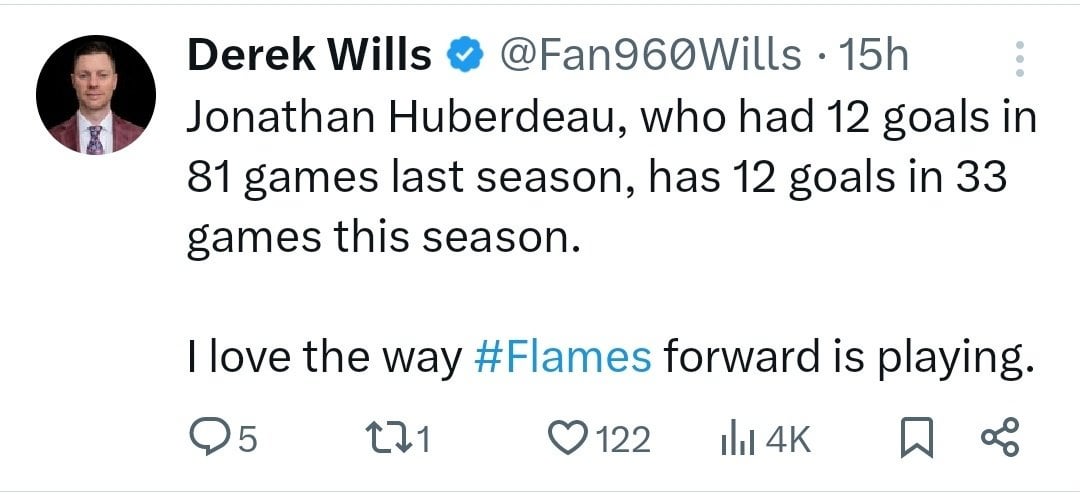 [Derek Wills] "Jonathan Huberdeau, who had 12 goals in 81 games last season, has 12 goals in 33 games this season. I love the way [the] Flames forward is playing."