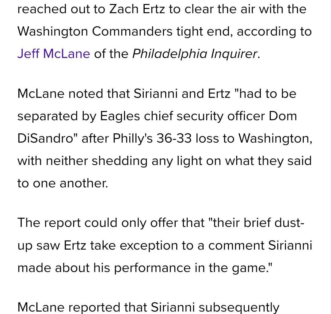 Nick Sirianni and Zach Ertz had to be separated post game due to Sirianni’s comment on Ertz’s play