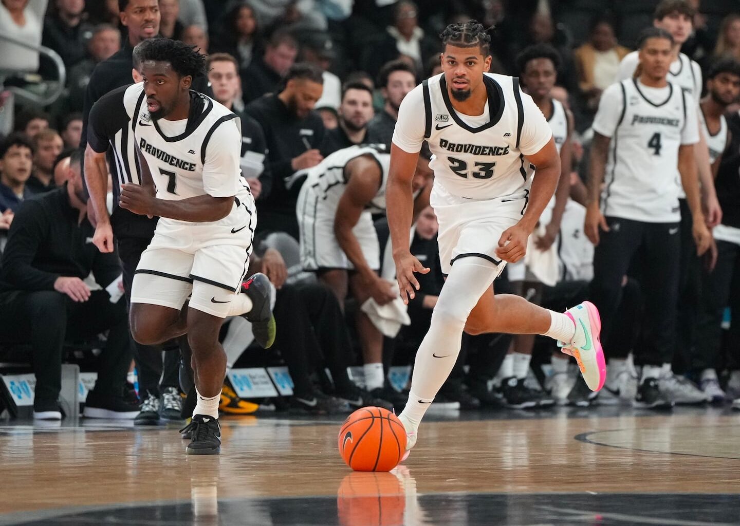 Bryce Hopkins (23) returned to Providence College's lineup Tuesday in a win over Brigham Young University. He’s coming off a major knee injury.