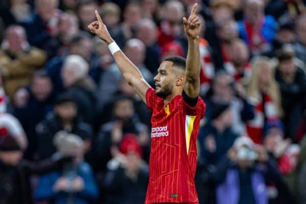 LIVERPOOL, ENGLAND - Sunday, December 1, 2024: Liverpool's Cody Gakpo celebrates after scoring the opening goal during the FA Premier League match between Liverpool FC and Manchester City FC at Anfield. (Photo by David Rawcliffe/Propaganda)