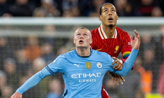 LIVERPOOL, ENGLAND - Sunday, December 1, 2024: Erling Haaland (L) and Liverpool's Ibrahima Konaté during the FA Premier League match between Liverpool FC and Manchester City FC at Anfield. (Photo by David Rawcliffe/Propaganda)