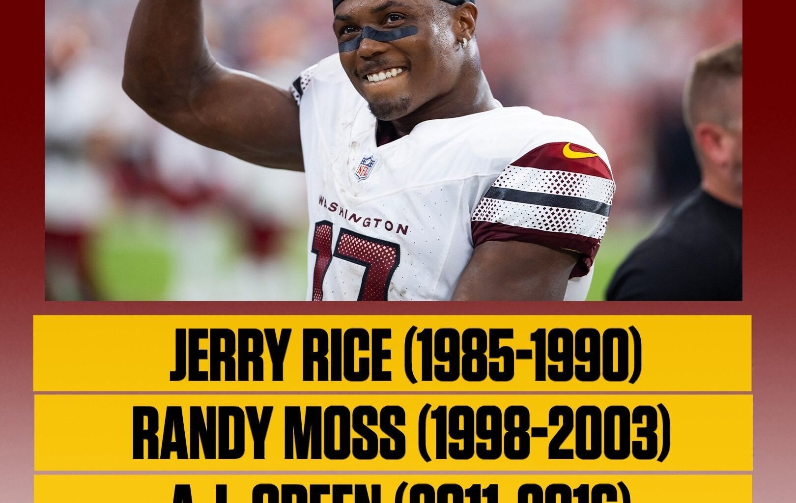 Terry McLaurin is in some DAMN good company. 1 of only 5 receivers in NFL history with 900+ receiving yards in first six seasons of career. The other 4 are Jerry Rice, Randy Moss, A.J. Green and Mike Evans.