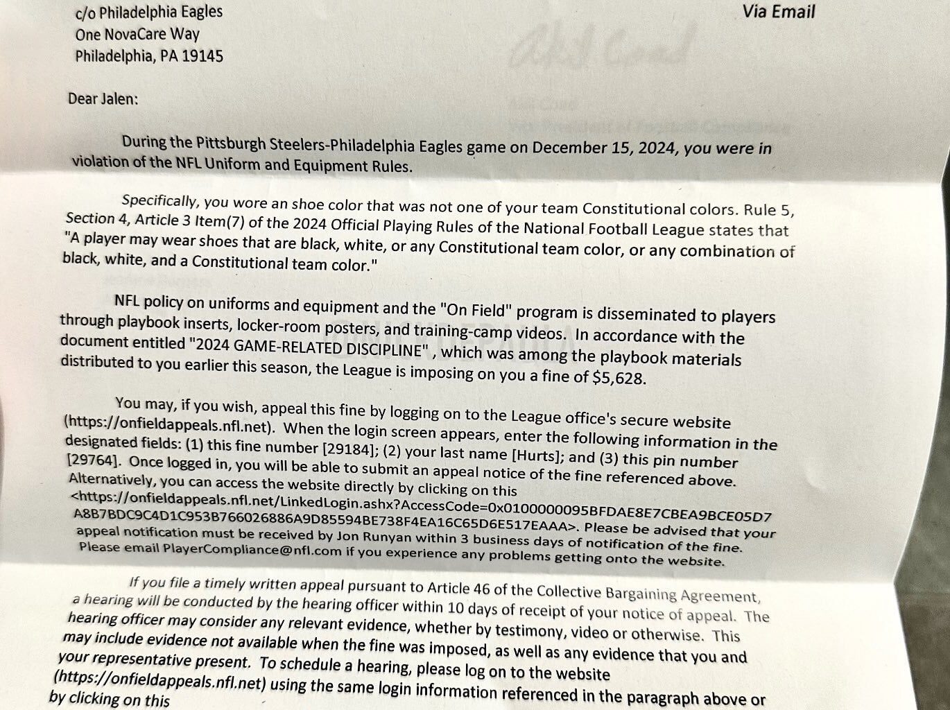 [DePaula] 40 Years Apart: Jalen Hurts receives “banned” letter from NFL after wearing Air Jordans in violation of league’s uniform policy. He will be fined $5,628. “We’re paying the fine,” Jordan Brand tells me. “You can’t ban greatness.”