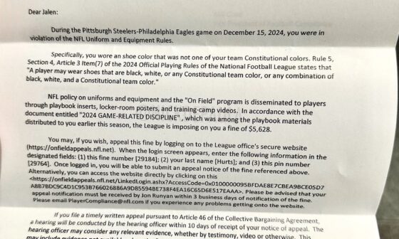 [DePaula] 40 Years Apart: Jalen Hurts receives “banned” letter from NFL after wearing Air Jordans in violation of league’s uniform policy. He will be fined $5,628. “We’re paying the fine,” Jordan Brand tells me. “You can’t ban greatness.”