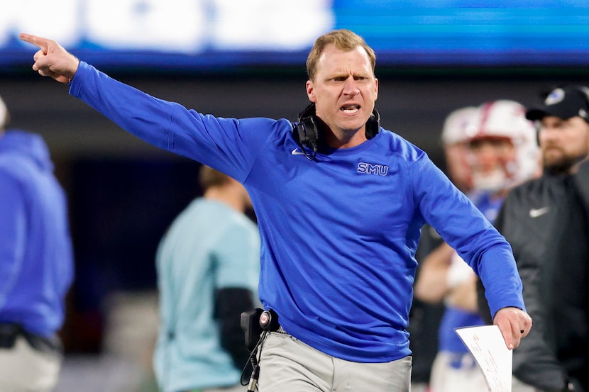 SMU head coach Rhett Lashlee calls for a penalty following a play during the second half of...