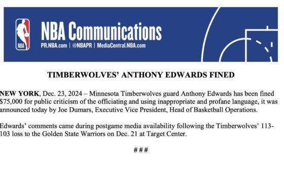 [NBA PR] Minnesota Timberwolves guard Anthony Edwards has been fined $75,000 for public criticism of officiating and using inappropriate and profane language. Edwards' comments came in postgame media availability following the Timberwolves' 113-103 loss to the Golden State Warriors on December 21st.