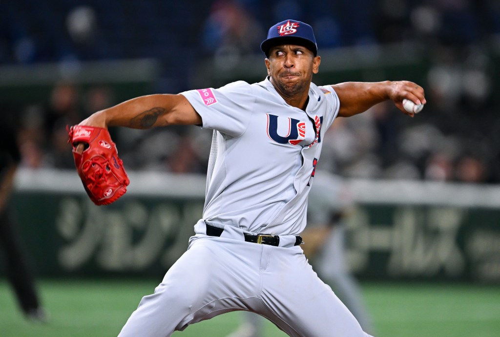 Anthony Gose, wearing #24 for Team USA, pitching during the WBSC Premier12 Bronze Medal game between USA and Venezuela at Tokyo Dome, Tokyo, Japan