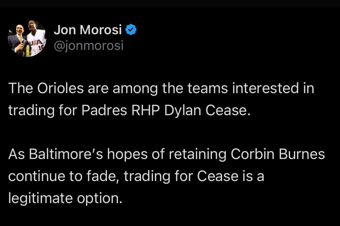 [Morosi] The Orioles are among the teams interested in trading for Padres RHP Dylan Cease. As Baltimore’s hopes of retaining Corbin Burnes continue to fade, trading for Cease is a legitimate option.