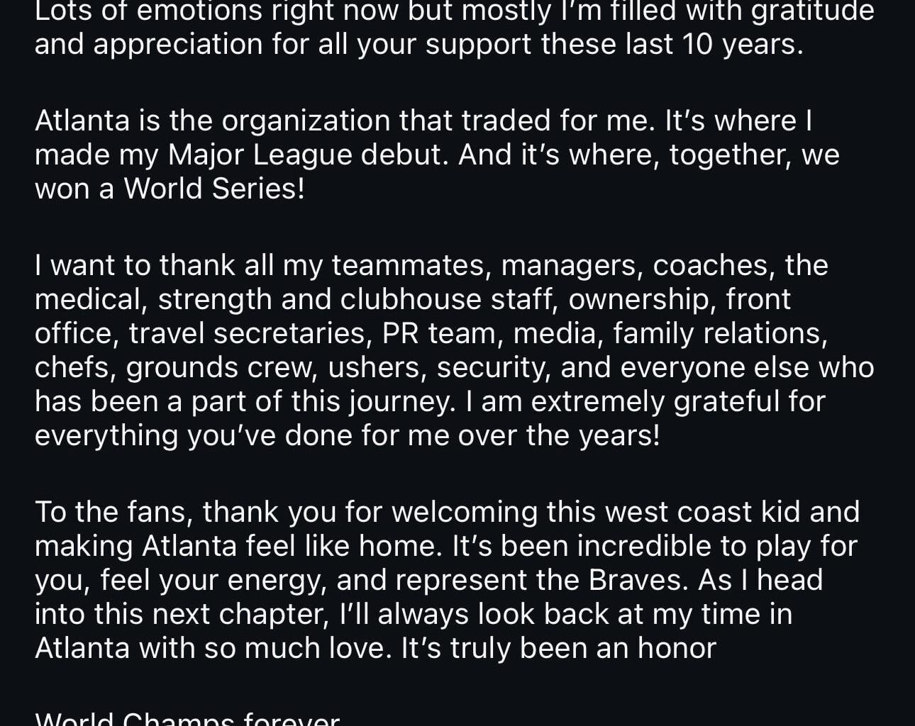 Max Fried’s goodbye message to Braves fans