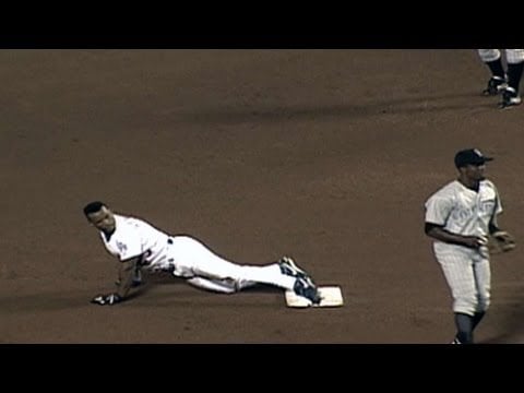 All time MLB stolen bases leader, Rickey Henderson's, final stolen base (number 1,406) against the Rockies, August 29, 2003.