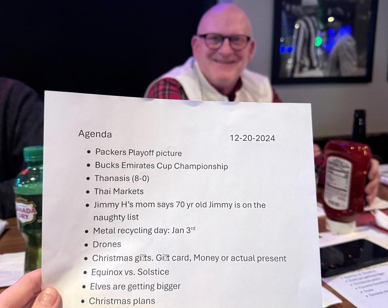 dad goes to a bar with his friends every friday and he makes a list of discussion topics