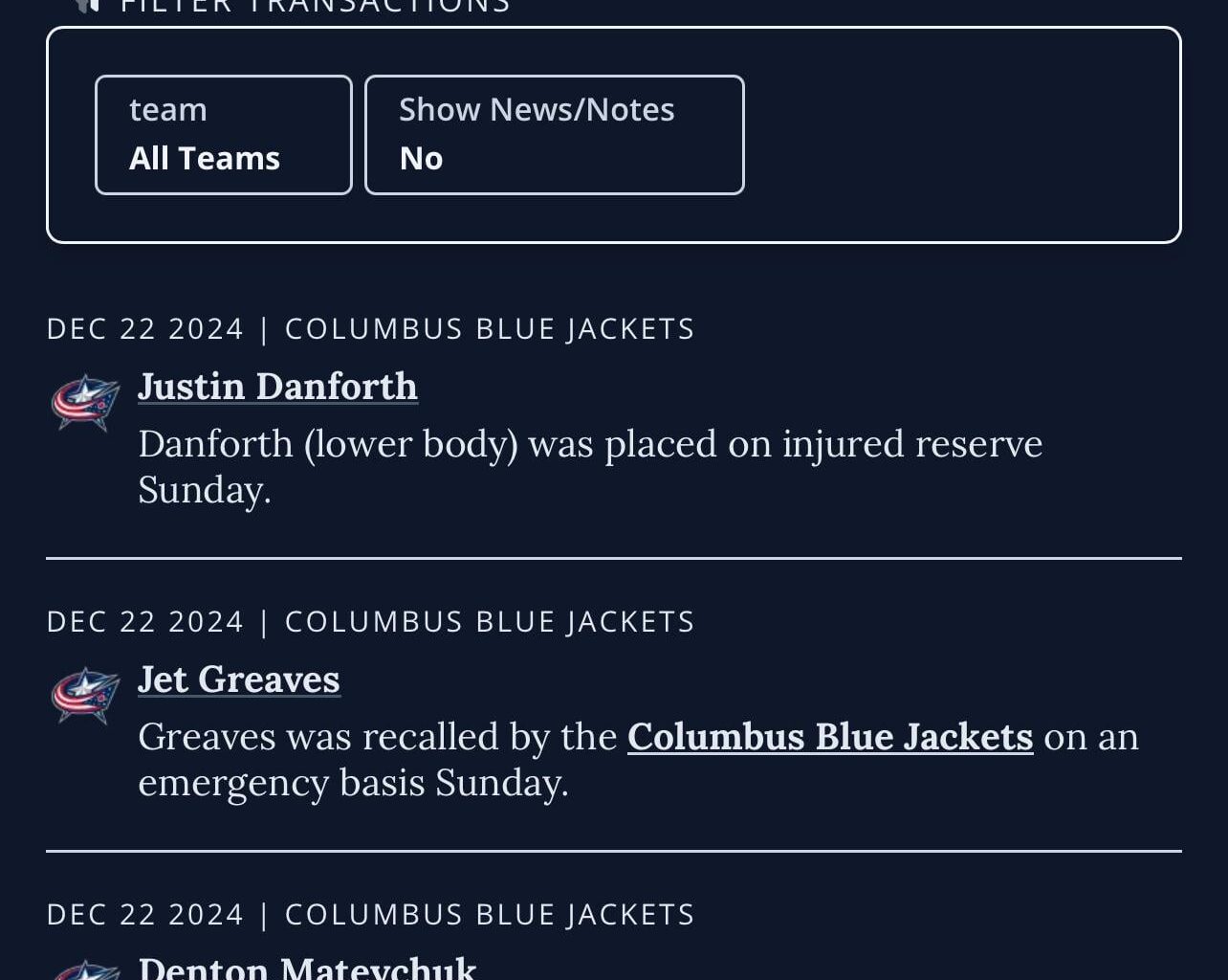 According to Puckpedia; Matyechuk and Greaves recalled. Danforth on IR