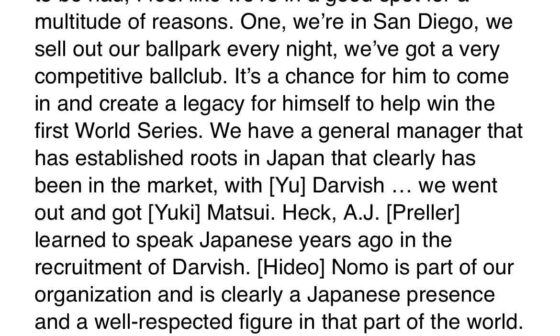 [Gonzalez] Padres manager Mike Shildt sounded pretty confident in his team’s ability to eventually land Roki Sasaki, with Yu Darvish expected to help in his recruitment. Here’s what Shildt said earlier today …