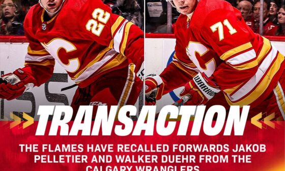 [Calgary Flames] "Forwards Jakob Pelletier and Walker Duehr have been recalled from the Wranglers."