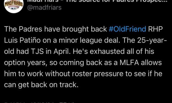 [MadFriars] The Padres have brought back old friend RHP Luis Patiño on a minor league deal. The 25-year-old had TJS in April. He's exhausted all of his option years, so coming back as a MLFA allows him to work without roster pressure to see if he can get back on track.