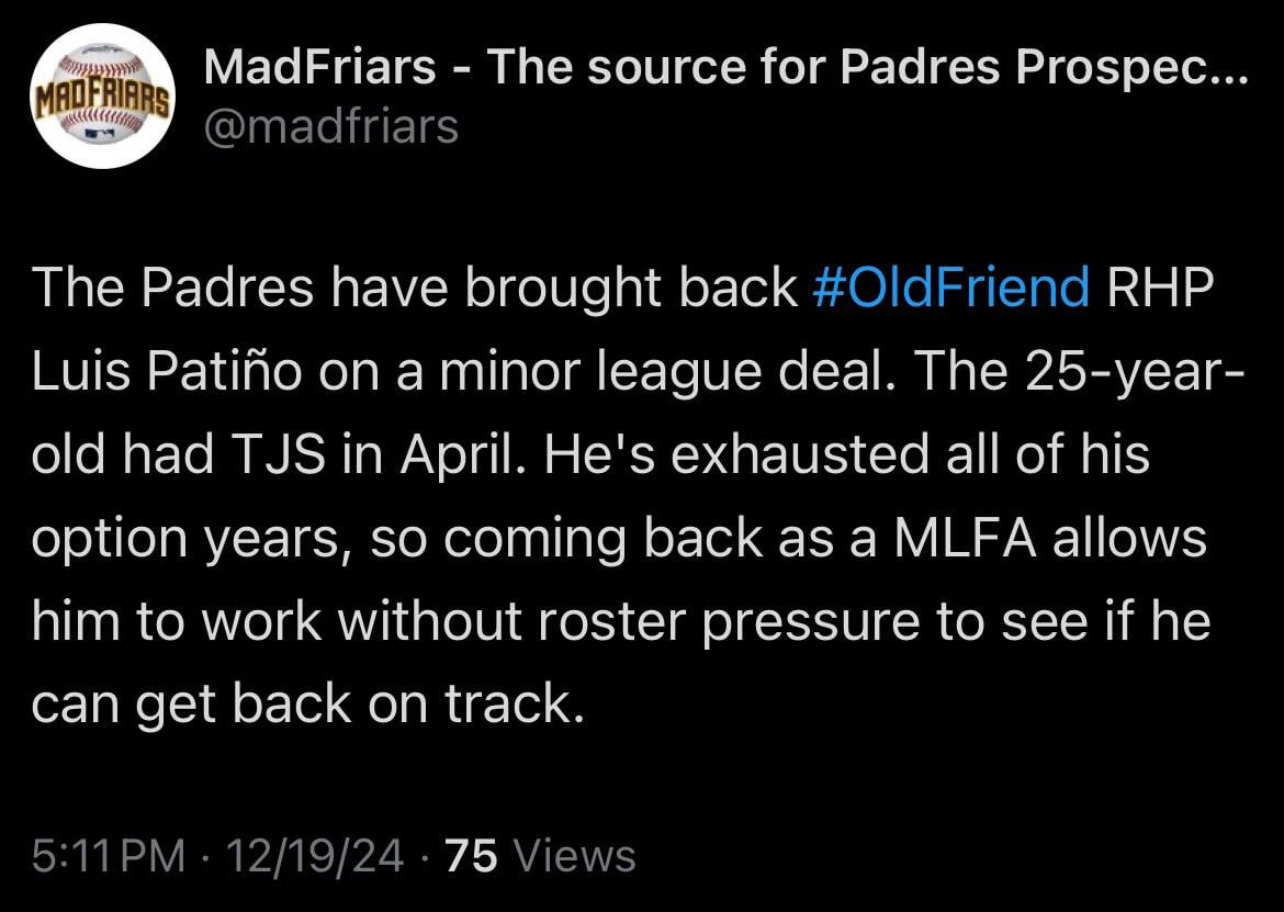 [MadFriars] The Padres have brought back old friend RHP Luis Patiño on a minor league deal. The 25-year-old had TJS in April. He's exhausted all of his option years, so coming back as a MLFA allows him to work without roster pressure to see if he can get back on track.