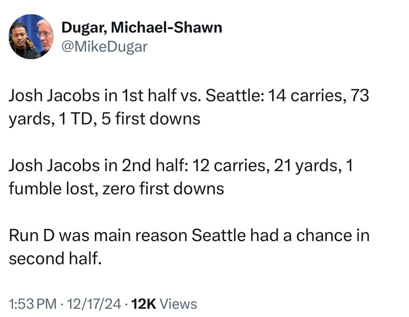 [Dugar] Run D was main reason Seattle had a chance in second half.