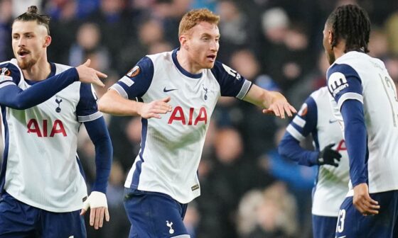 Dejan Kulusevski is congratulated after equalising for Tottenham against Rangers