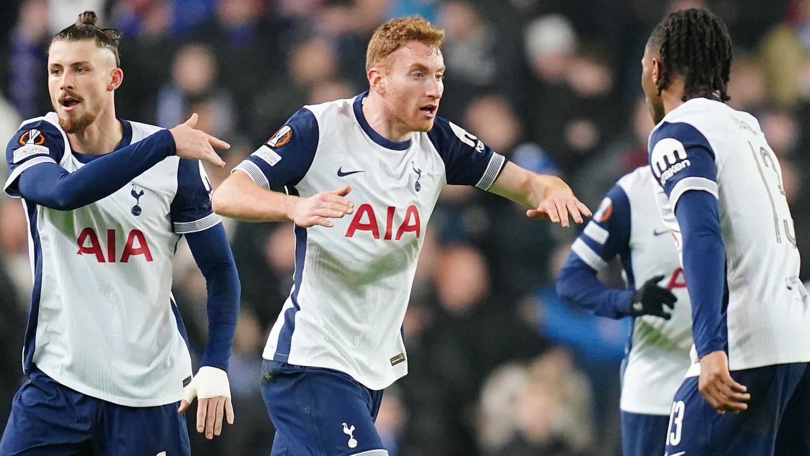 Dejan Kulusevski is congratulated after equalising for Tottenham against Rangers