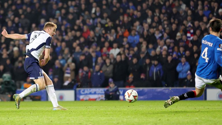 Dejan Kulusevski equalises for Tottenham against Rangers at Ibrox