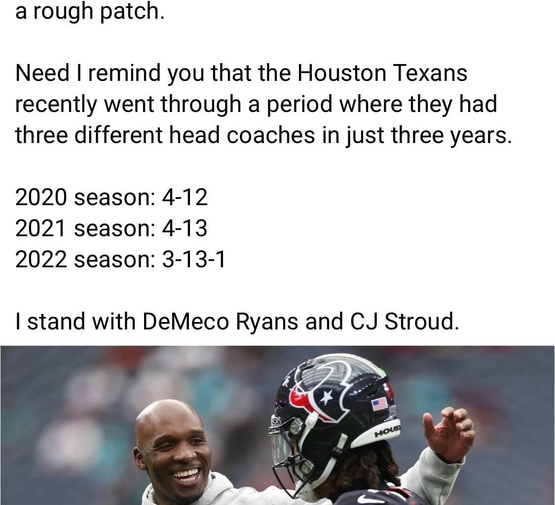 Demeco & Nick will fix our offensive issues in the offseason. I see a lot of doom & gloom in this sub.  Look at the big picture y’all 🤘. Texan fan since 2002