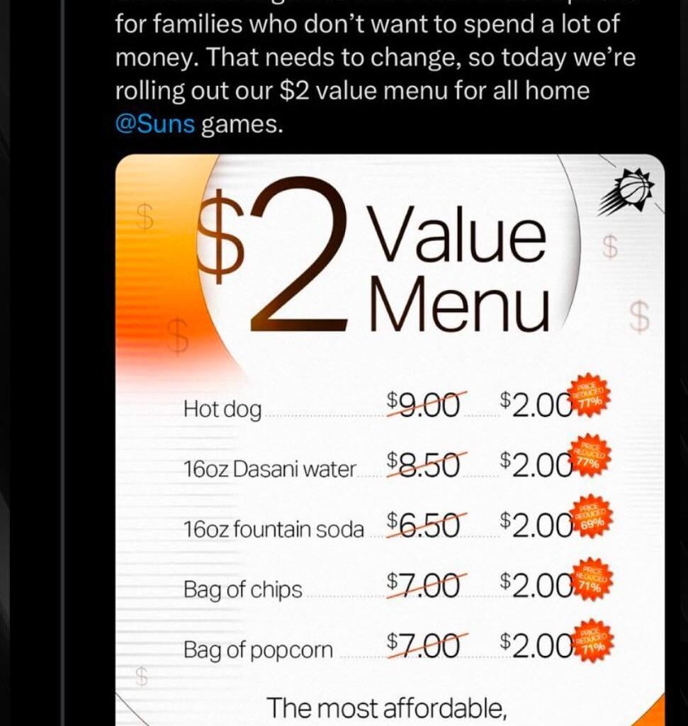 Phoenix Suns owner changes food prices at the stadium to $2. What's the chances Jets owners ever do so thing like this, actually incentivize fans?