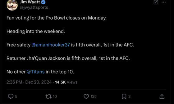 Titans currently in AFC lead for Pro Bowl: Jha'Quan Jackson (returner), Amani Hooker (safety)