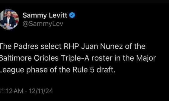 [Levitt] The Padres select RHP Juan Nunez of the Baltimore Orioles Triple-A roster in the Major League phase of the Rule 5 draft.