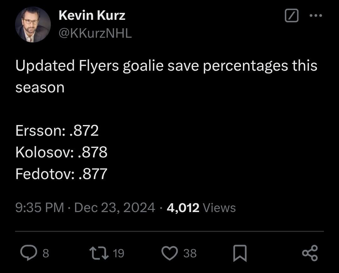 [Kurz] Updated Flyers goalie save percentages this season