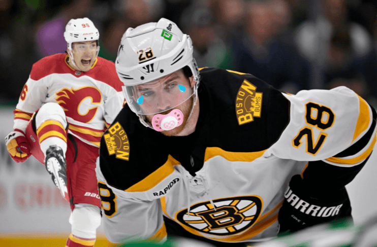 IT'S GAME DAY!!! Crybaby Elias of the BOSTON BUMS wishes he'd have stayed in Calgary. 
 Kuzy's showing him the right way to get out of Vancouver, GO FLAMES!!!