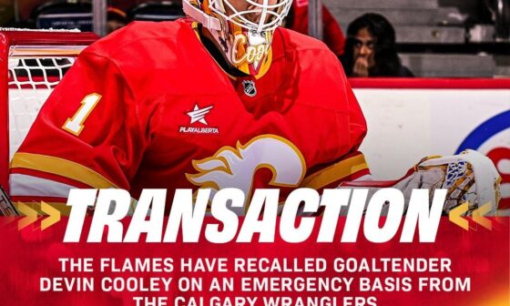 Goaltender Devin Cooley has been recalled from the 
@AHLWranglers
 on an emergency basis. Dan Vladar (lower body) is day-to-day.