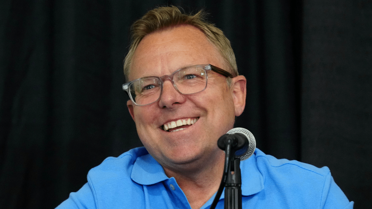 (L-R) NBC Sports play-by-play commentator Leigh Diffey and former NASCAR driver turned broadcaster Jeff Burton.