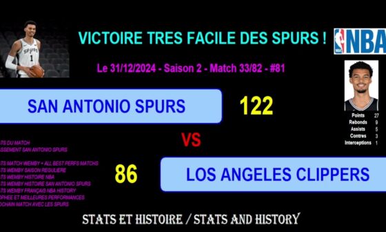 SAN ANTONIO SPURS - LOS ANGELES CLIPPERS : 122-86 - DEBRIEF STATS MATCH WEMBY - SAISON 2024-2025