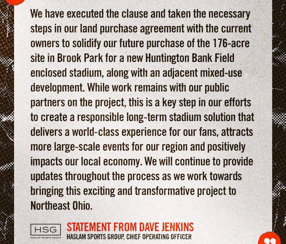 [Official] We've executed the clause to solidify the future purchase of the 176-acre site in Brook Park for a new Huntington Bank Field enclosed stadium